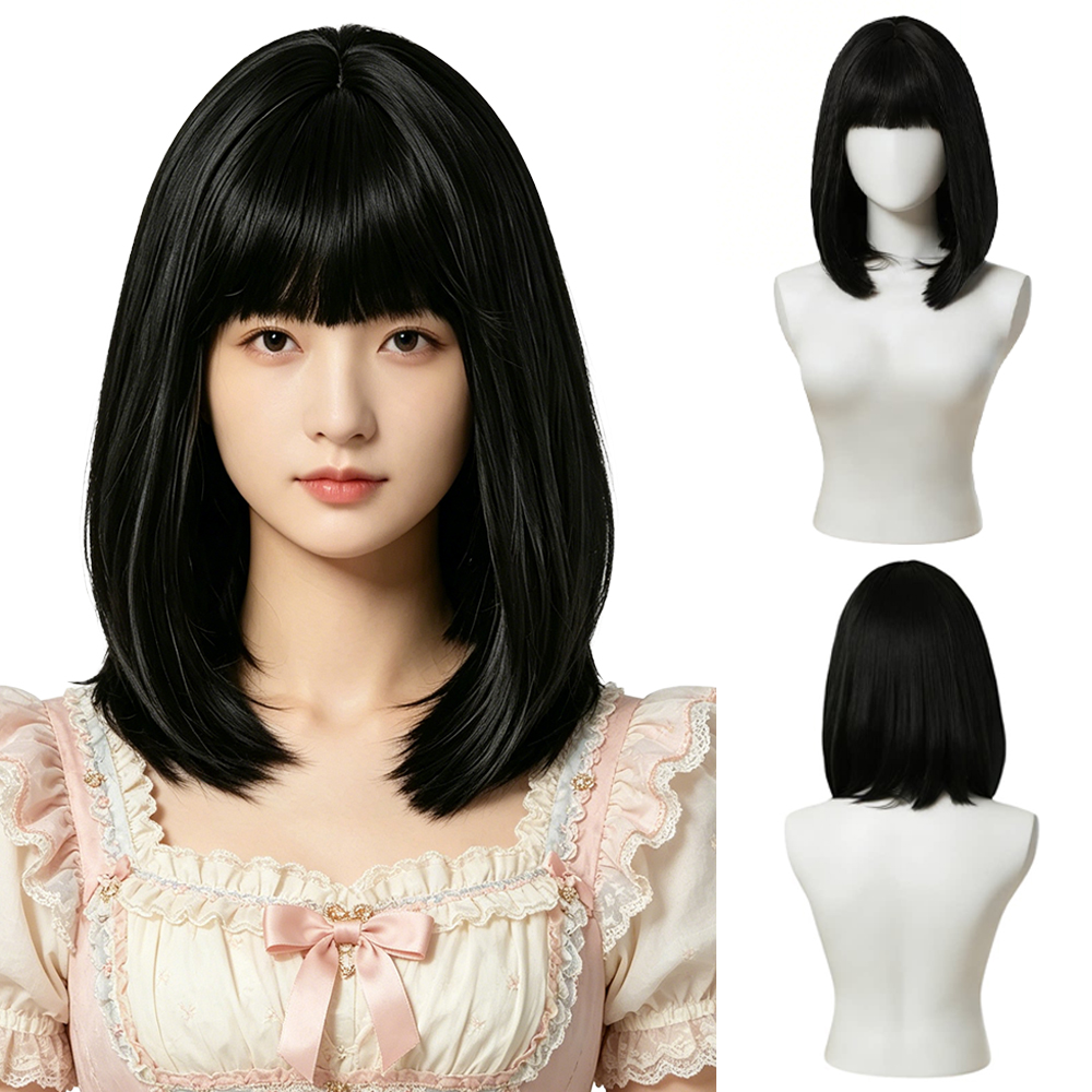 Hair Care High End - Perruque Bob noire naturelle avec frange,